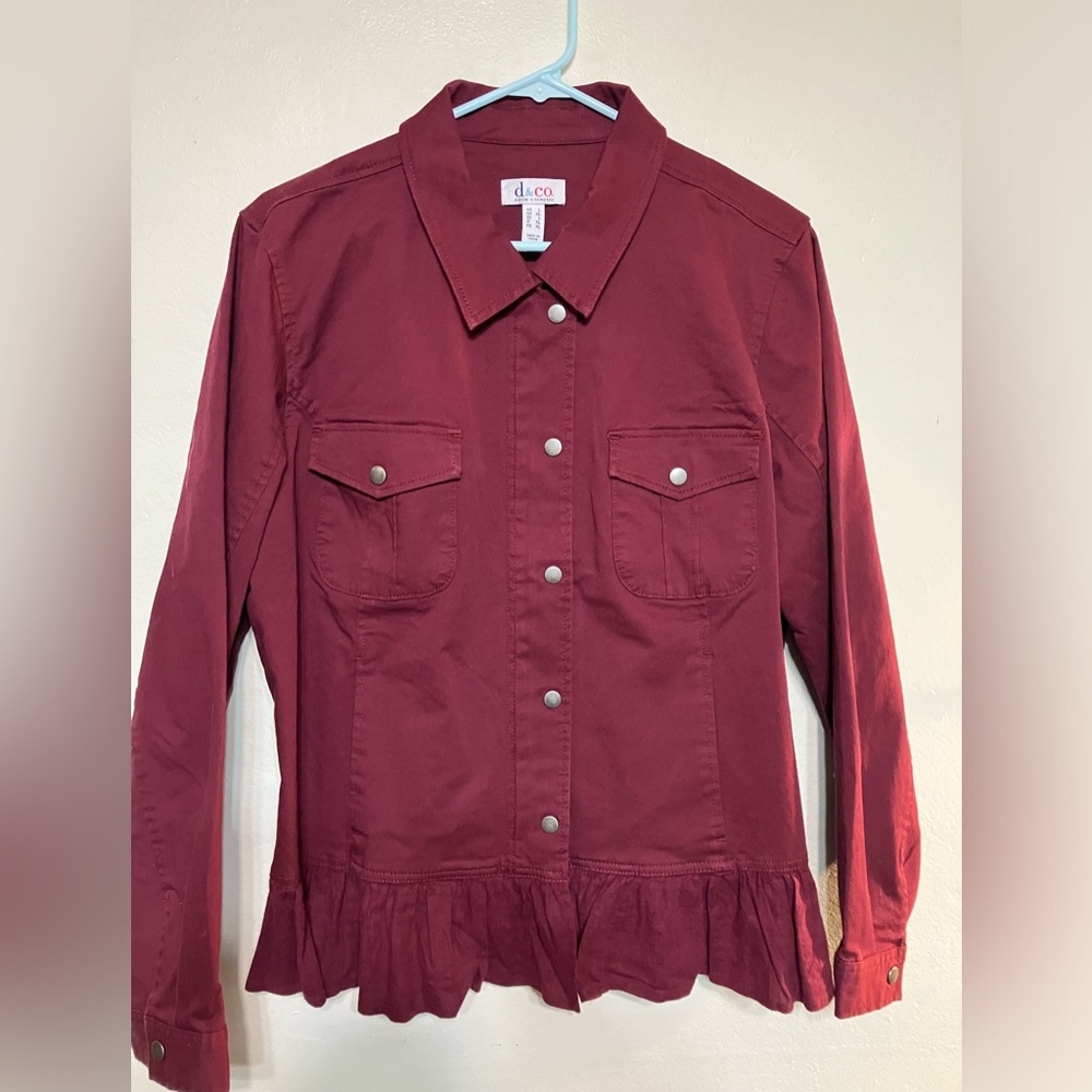 Denim&co Wine ruffled Denim Zip up jacket with snaps